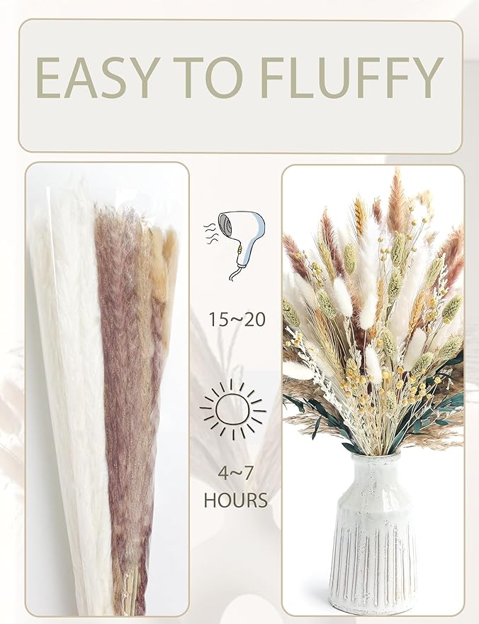 xin's convey 126pcs Dried Pampas Grass Decorations, Dried Flowers Bouquet, Reed Grass Bouquet for Boho Floral Wedding, Bedroom, Rustic Farmhouse Decor.