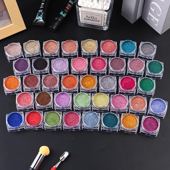 40 Colors Metallic Mirror Chrome Nail Powder Set, Professional Metallic Mirror Pigment with Holographic Shine, Includes Rose Gold Silver Champagne Shades for DIY Nail Art & Salon Manicure