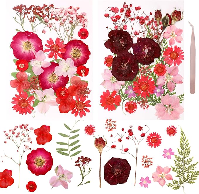 Dried Pressed Flowers Real Pressed Flowers Natural Dry Leaves Bulk Mixed Colorful Herbs Kit with Tweezers for Scrapbooking DIY Candle Jewelry Crafts Making Nails (Red)