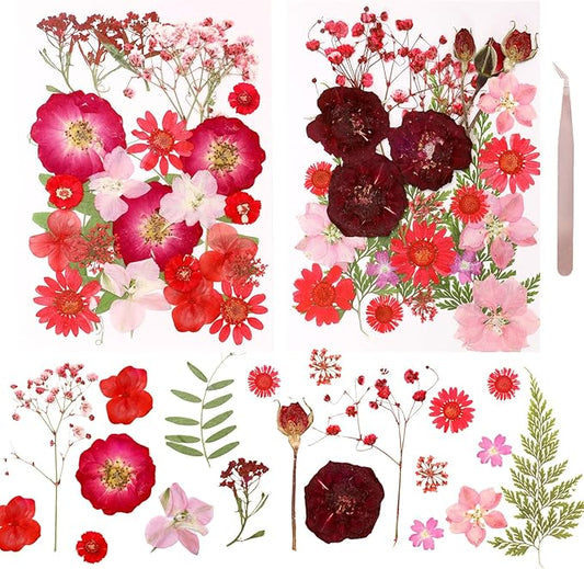 Dried Pressed Flowers Real Pressed Flowers Natural Dry Leaves Bulk Mixed Colorful Herbs Kit with Tweezers for Scrapbooking DIY Candle Jewelry Crafts Making Nails (Red)