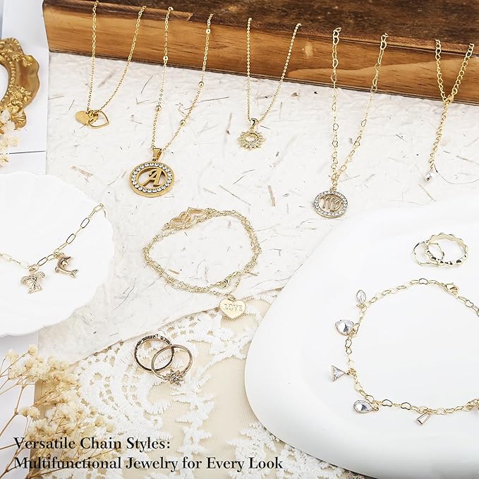 14k Gold Necklace Chains for Jewelry Making, Total 20 Feet 6 Rolls Bracelet Chains for DIY, 3.3 Feet Each Style, 14K Gold Plated Chain with Jump Rings/Lobster Clasps/Connectors