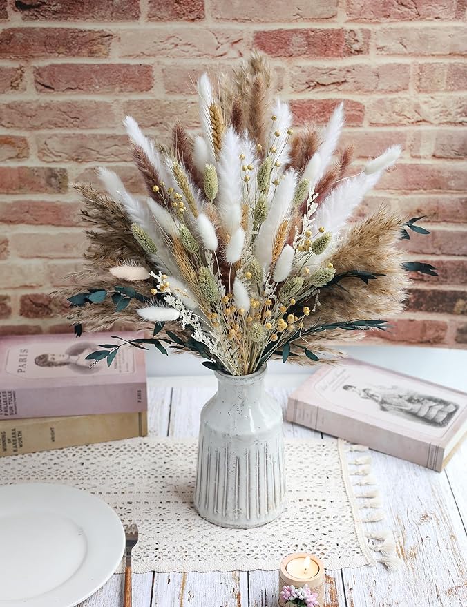 xin's convey 126pcs Dried Pampas Grass Decorations, Dried Flowers Bouquet, Reed Grass Bouquet for Boho Floral Wedding, Bedroom, Rustic Farmhouse Decor.