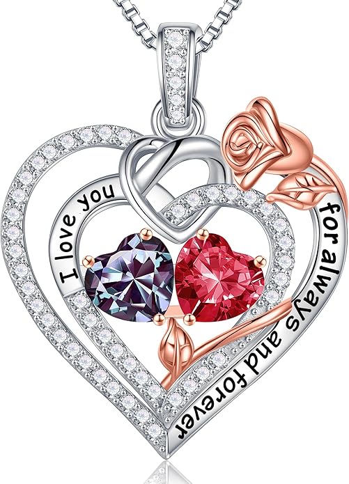Iefil Valentines Day Gifts for Her Wife - 925 Sterling Silver Double Birthstone Necklace, Anniversary Birthday Gifts for Women, Jewelry Gift for Wife Girlfriend Mom Her