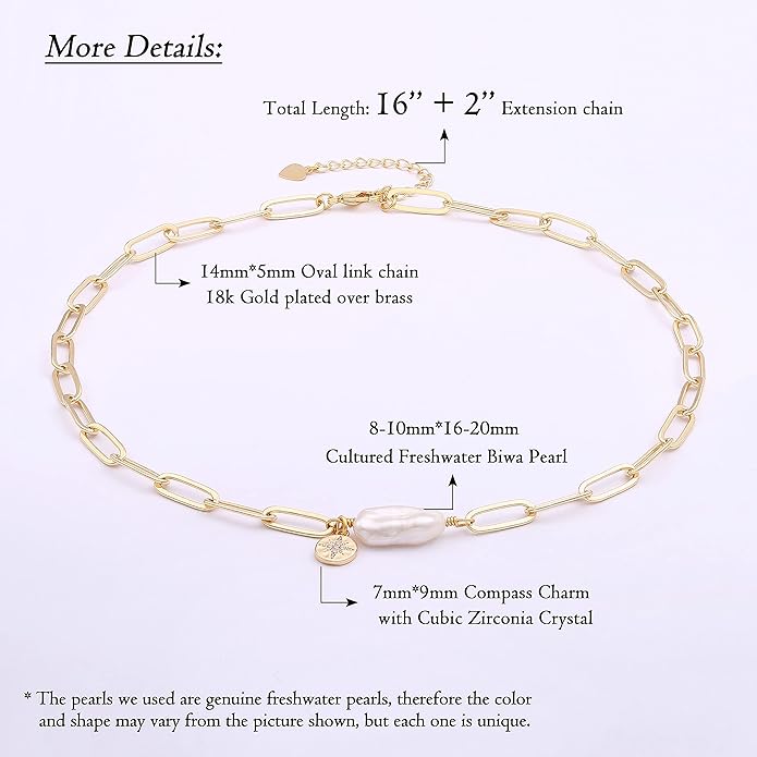 Aobei Pearl 18K Gold Plated Paperclip Chain Choker Satellite Chain Freshwater Cultured Biwa Pearl Pendant Necklace Dainty Jewelry for Women