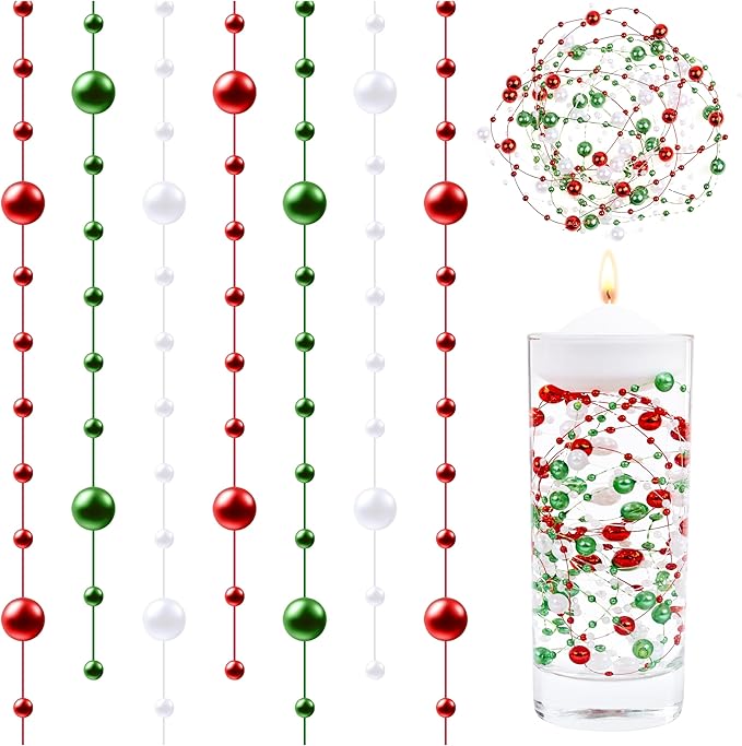 LAIDANLA 30 Pcs Christmas Artificial Floating Pearls String for Floating Candle Red Green White Faux Pearl Beads Strands for Vases Filler Centerpiece Table Wedding Party Home Decor