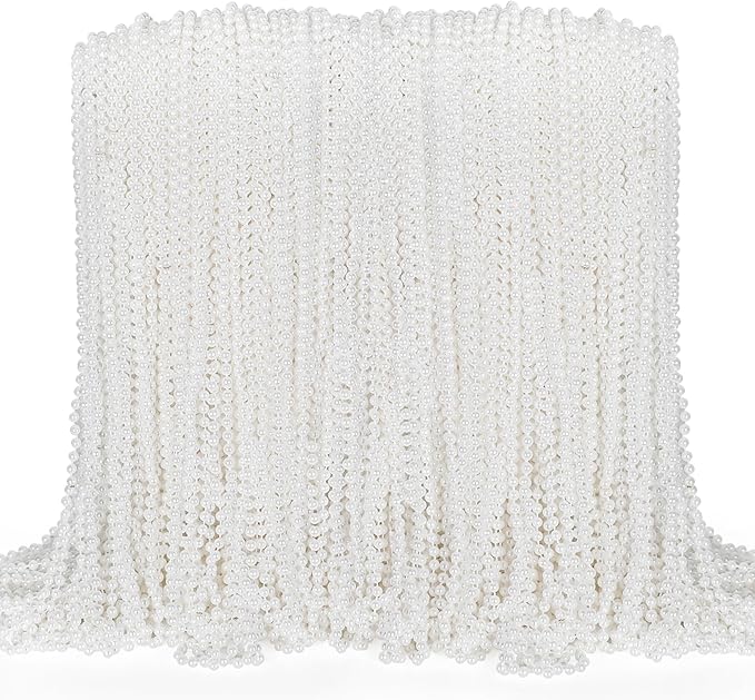100PCS Bead Necklace, White Mardi Gras Beads Necklaces Bulk, 33" Metallic Round Beads Accessories, Bead Necklace Holiday Events Parade Throws Bridal Shower Party Decor Supplies Favors