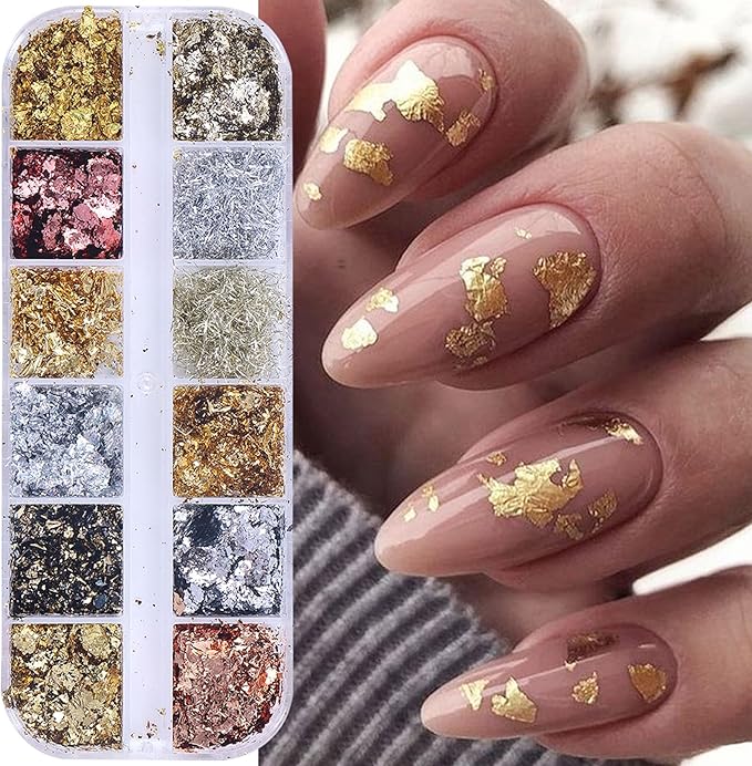 Gold Foils Nail Glitter Supplies 36 Colors Golden Flakes for Nails Art Sparkly Ultra-Thin Aluminum Holographic Foils Nail Art Decoration Gold Leaf DIY 3D Metallic Nail Sequins Manicure Accessories
