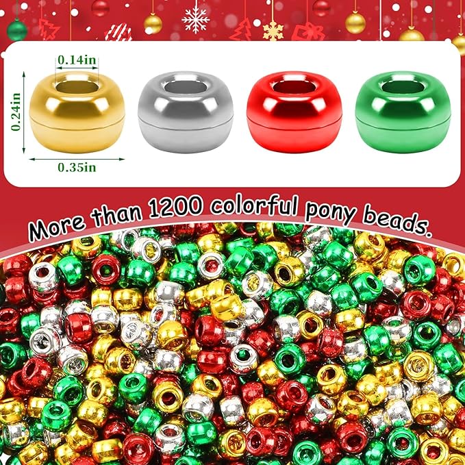 UPINS Christmas Pony Beads - 1200 Pcs Red, Green, Silver, Gold for Craft Jewelry Making