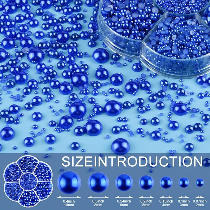 NACHLYNN 6480 Pcs Flat Back Pearl 7 Sizes Half Round Beads Blue for Crafts Embellishment Shoes Clothes Bags DIY Making