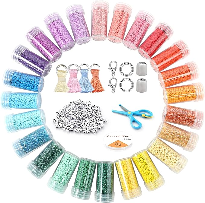 Miss Rabbit Seed Bead Kit, for Jewelry Making 24000 PCS 3mm Glass Seed Beads and 100 PCS 5mm Alphabet Letter for Bracelets Making with Elastic Cords, Scissors, Tassels