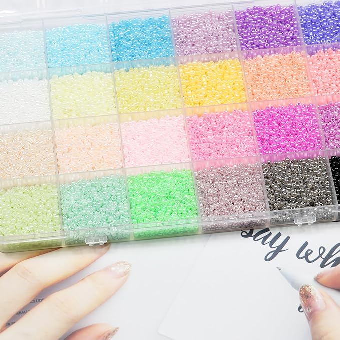 Size 12/0 Crafts Glass Seed Beads 2mm Tiny Pony Beads Assorted Kit with Organizer Box for Jewelry Making (24 Assorted Multicolor Set, Total About 16800pcs)