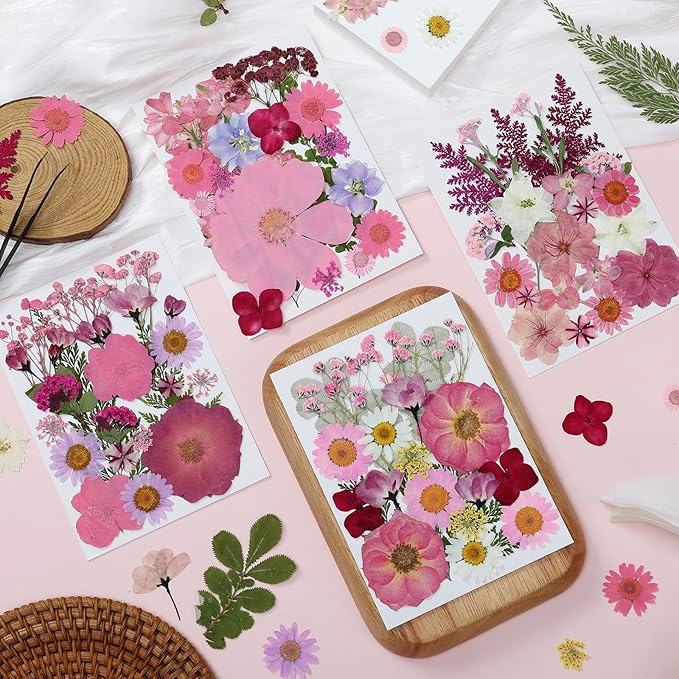 85Pcs Pink Dried Flowers for Crafts, Natural Pressed Flowers for Crafts Real Dried Pressed Flowers Dry Leaves for Resin, DIY Art, Scrapbook, Nails Decor, Jewelry, Candle & Soap Making, with Tweezers