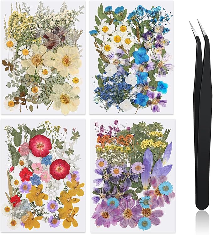 Nuanchu 200 Pcs Pressed Flowers Bulk Dried Flower for Craft Resin Mold Bookmark Scrapbooking Nail Cake White Orange Natural Pressed Dried Floral with Tweezer DIY Gift(Vivid Color,Colorful Style)
