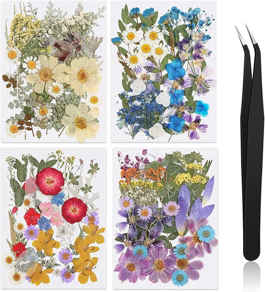 Nuanchu 200 Pcs Pressed Flowers Bulk Dried Flower for Craft Resin Mold Bookmark Scrapbooking Nail Cake White Orange Natural Pressed Dried Floral with Tweezer DIY Gift(Vivid Color,Colorful Style)