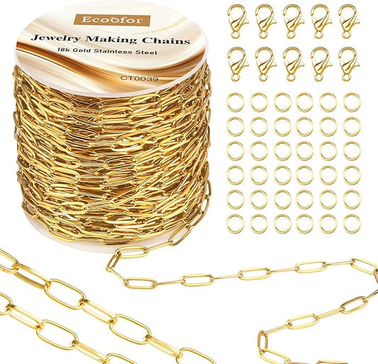 33 Ft 18k Gold Stainless Steel Paperclip Chains Roll - 3mm Width, Gold Plated Chain with Jump Rings & Lobster Clasps