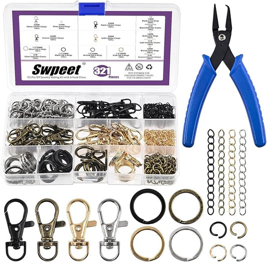 Swpeet 321Pcs Assorted Keychain Making Set with Pliers, 40Pcs Swivel Lanyard Snap Hook, 1Pc Split Ring Pliers, 40Pcs Keychain Ring, 40Pcs Extender Chains, 200Pcs Jump Rings, Bronze/Black/Gold/Silver
