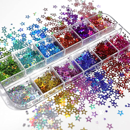 12 Colors Star Nail Art Glitter Sequins, 3D Five-Pointed Star Nail Flakes Designs, Holographic Laser Hollow Star Nail Art Supplies for Women Girls Manicure Sparkle Decorations, DIY Body Makeup Crafts