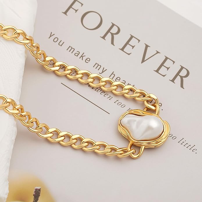 Aobei Pearl 18K Gold Plated Paperclip Chain Choker Satellite Chain Freshwater Cultured Biwa Pearl Pendant Necklace Dainty Jewelry for Women