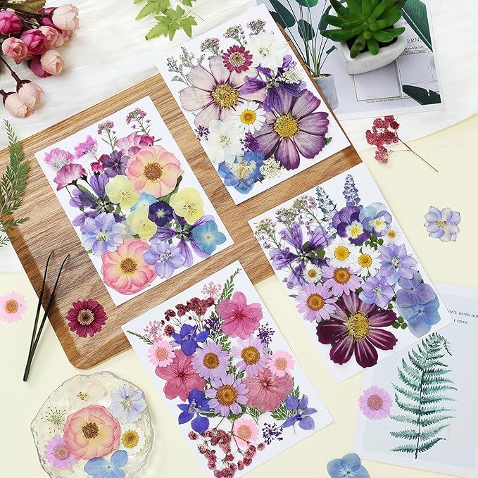 85Pcs Pressed Flowers for Crafts, Pink Purple Dried Flowers for Crafts Real Natural Dried Pressed Flowers Dry Leaves Bulk for Resin, DIY Art, Scrapbook, Jewelry, Card, Candle & Soap Making w/ Tweezer
