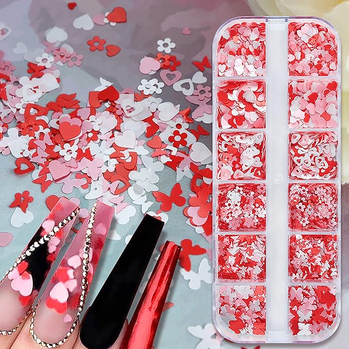 AddFavor 4 Boxes Valentine Nail Glitter Mixed Shaped Pink Purple White Heart Flower Colorful Round Sequins Lash Decals for Art Decoration/False Eyelash Decor