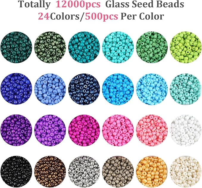 13000pcs 3mm Glass Seed Beads 24 Colors Small Craft Beads Small Beads for DIY Bracelet Necklace Ring Craft Jewelry Making, with Scissor and Two Clear Bracelet String (540pcs per Color