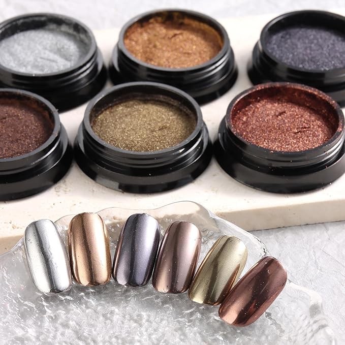 Chrome Nail Powder Mirror Effect Metallic Dust, 6 Colors Bronze Brown Black Rose Gold Holographic Glitter Chrome Powder Pigment for DIY Gel Polish Nail Art Decoration, Resin Craft