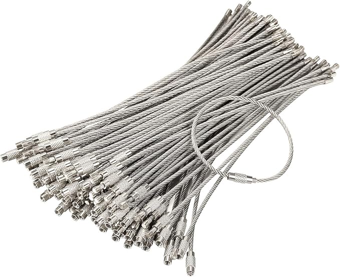 bayite Pack (100) Stainless Steel Wire Keychains Cable, Key Rings, Heavy Duty Luggage Tags Loops Tag Keepers 2mm Twist Barrel (Cable Length: 6 inches)