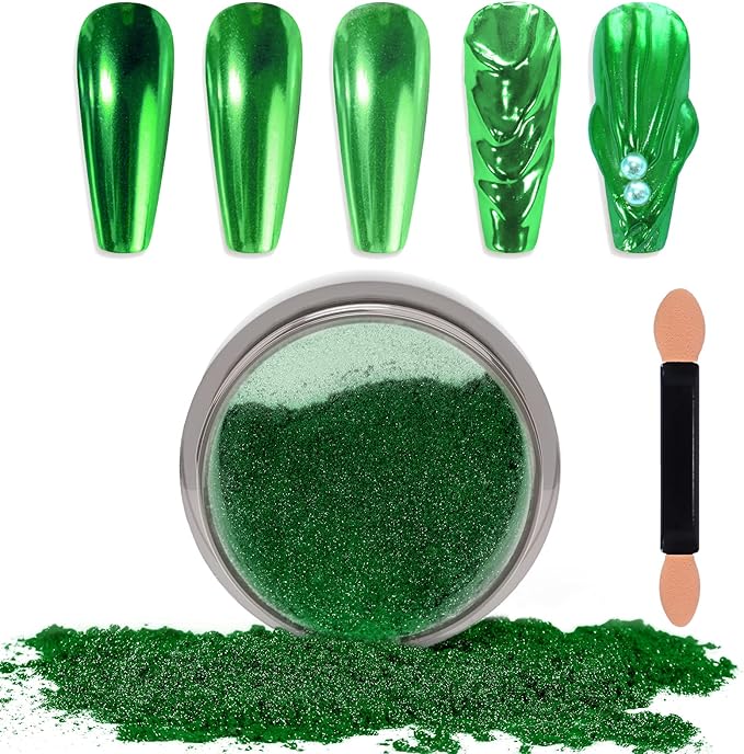 Laza Chrome Nail Powder Mirror Effect Metallic Dust Holographic Glitter Glazed Manicure Decoration Reflective Pigment for DIY Gel Polish Nail Art, Resin Craft, Gifts - Green
