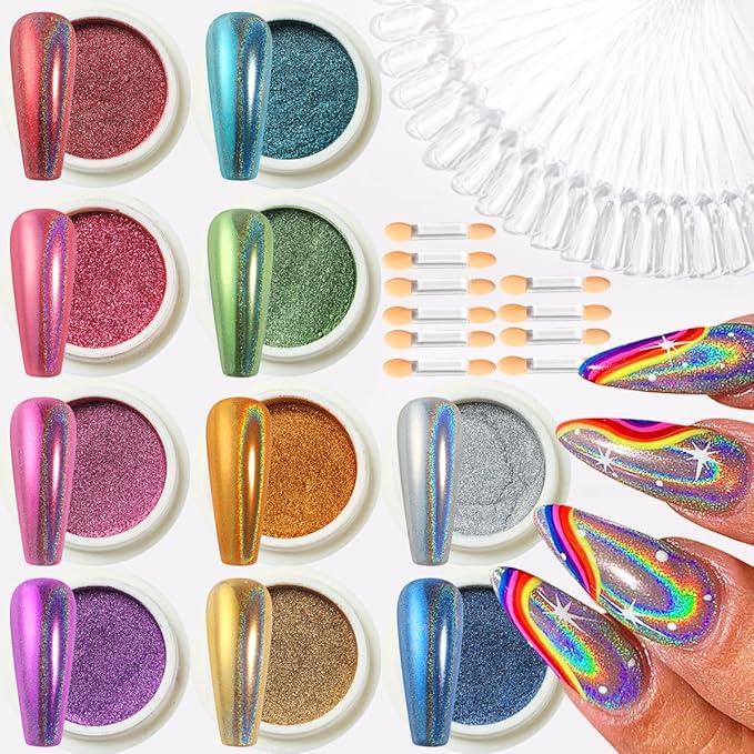10 Colors Holographic Laser Nail Powder, Holo Aurora Iridescent Metallic Mirror Laser Effect Chrome Pigment Glitter Dust for Nail Art DIY Decorations, Sponge Tool/10PCS, Nail Swatch Sticks/24PCS
