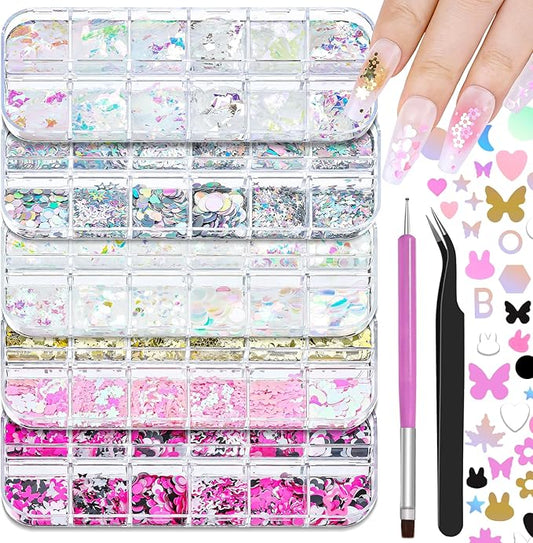 5 Boxes 60 Colors Holographic Nail Art Sequins Kit, Iridescent Sparkle Laser Hollow 3D Star Butterfly Heart Round Mixed-shapes Nail Glitter Flakes for Manicure Body Makeup Craft DIY (2-colorful-kit2)