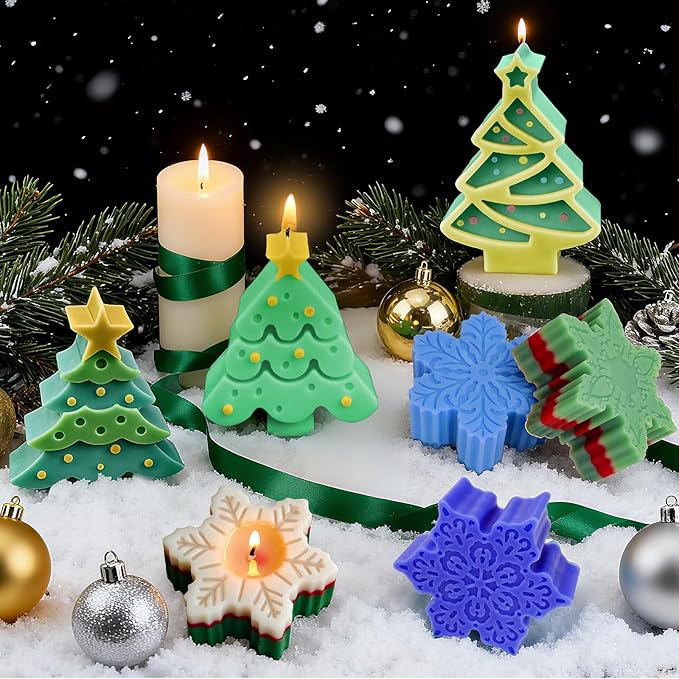 ZQYSING 5 Pcs Christmas Candle Molds, Set of 3 Christmas Tree + 2 Snowflake Silicone Mold for Candles Wax Soap Epoxy Resin Casting Home Themes Decor Handmade Gift