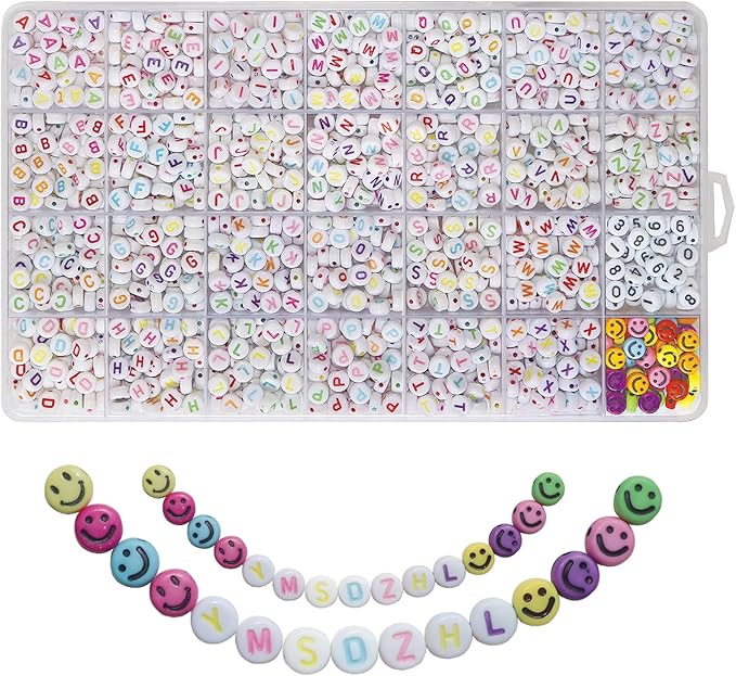 YMSDZHL Alphabet Beads A-Z 1400Pcs Letter Beads, Acrylic 4x7mm Round Letter Beads Kits,Black Digit and Colorful Smile Beads for Bracelets Necklaces DIY Jewelry Making (Colorful,1400PCS)