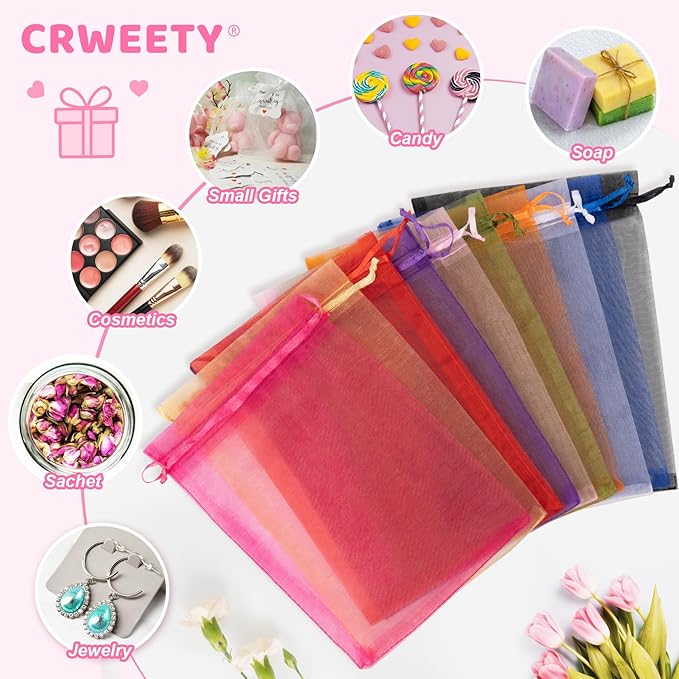 Crweety 50 Pcs Pink Organza Bags 3x4 Inch, Small Gift Bags Bulk for Jewelry Candy Soap Makeup Sachet, Cute Mini Mesh Gift Bag Drawstring for Wedding Baby Shower Birthday Party Favors & Valentine's Day