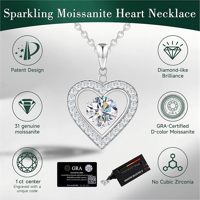 Heart Pendant Necklace for Women: Luxury Gift for Wife Girlfriend Mom/Her - 3ct D Color Moissanite - Gold Jewelry with Gift Box- Hypoallergenic & Adjustable Chain - Daily & Special Occasion Wear