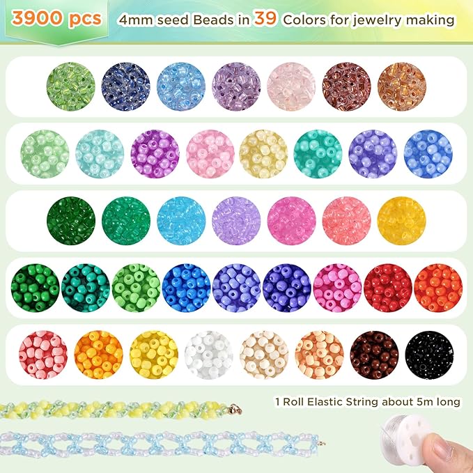 Funtopia Seed Beads for Bracelets, 4mm Uniform Glass Seed Beads for Jewelry Making, 39 Colors 3900pcs Small Tiny Bead Bracelet Making Kit with Tutorial for DIY Art Jewelry Making