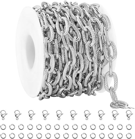 GTVOODX 9.8 Feet Silver Cable Chains Stainless Steel Chunky Textured Oval Link Chain Spool Bulk for DIY Jewelry Making Necklace Bracelet
