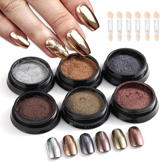 Chrome Nail Powder Mirror Effect Metallic Dust, 6 Colors Bronze Brown Black Rose Gold Holographic Glitter Chrome Powder Pigment for DIY Gel Polish Nail Art Decoration, Resin Craft