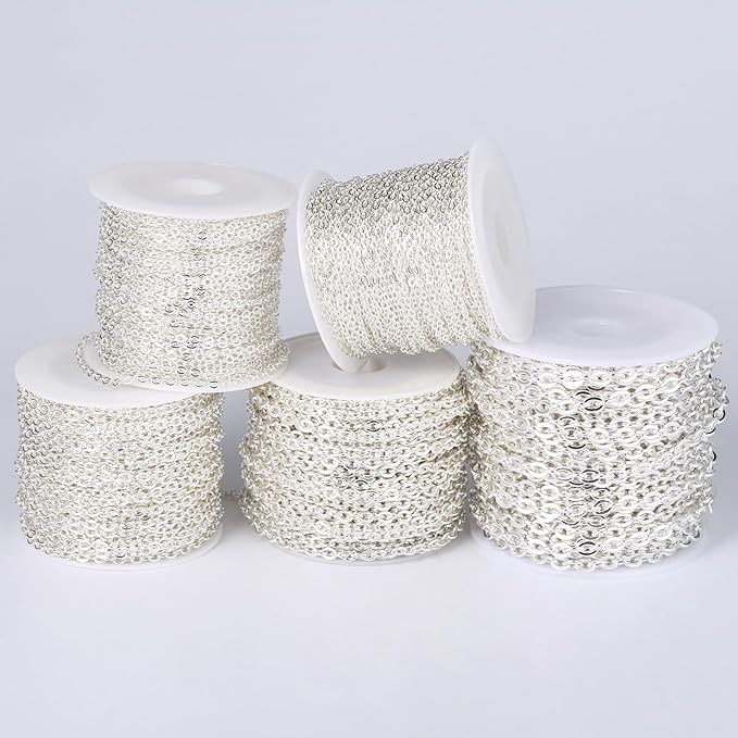 33 Feet Silver Plated Stainless Steel Cable Chain Bulk, 2.5mm 304 Stainless Steel Silver Flat Cable Link Chains Roll Spool for Jewelry Making Necklace DIY Craft