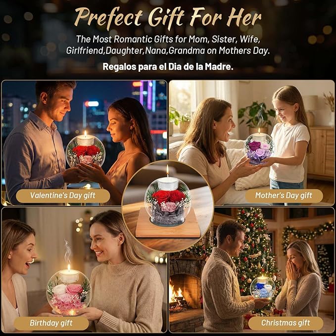 Preserved Purple Real Rose in Glass with Scented Candles–Eternal Flower Romantic Anniversary Mothers Day Christmas Birthday Valentines Day Gifts for Her, Women, Wife, Girlfriend, Mom, Grandma