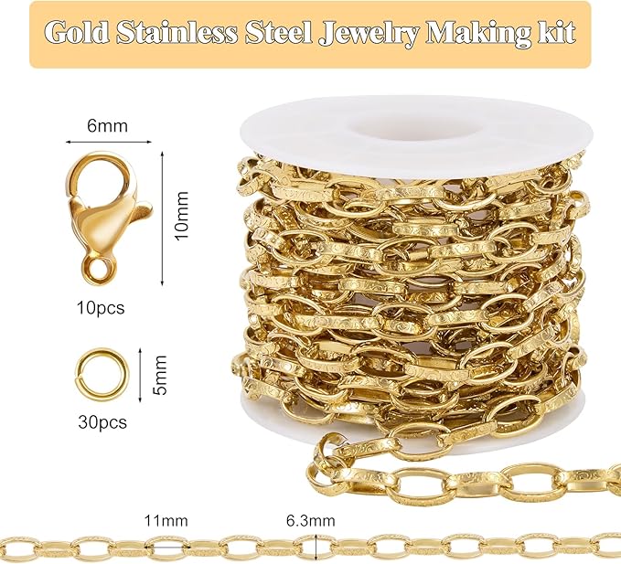 GTVOODX 13 Feet 18K Gold PVD Plated Paperclip Chain Roll, Stainless Steel Textured Oval Link Chain Bulk for DIY Jewelry Making with Lobster Clasps and Jump Rings
