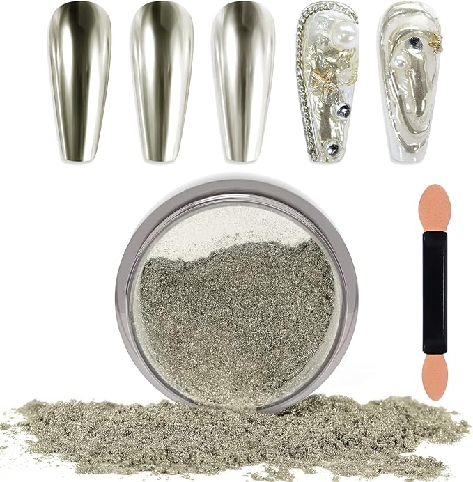 Laza Chrome Nail Powder Mirror Effect Metallic Dust Holographic Glitter Glazed Manicure Decoration Reflective Pigment for DIY Gel Polish Nail Art, Resin Craft, Gifts - Champagne Silver