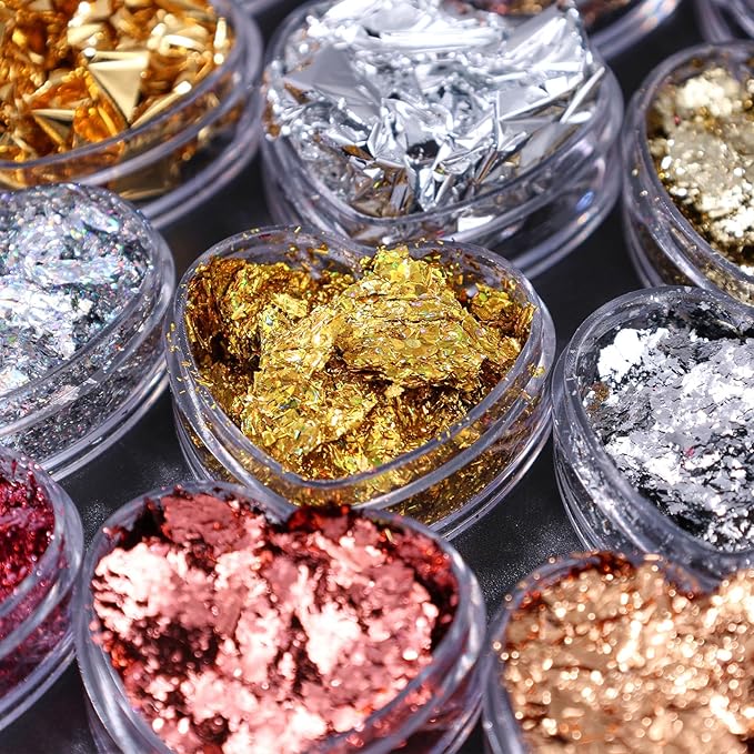 Unique Gold Flakes for Nails 12 Boxes Irregular Aluminum Golden Nail Glitter Foils Holographic Gold Foils for Nails Gradient Silver Rose-Gold Nail Art Sequins Designs DIY Charms Manicure Decorations