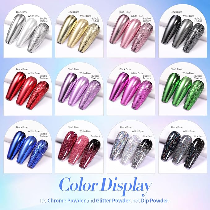 Born Pretty Mirror Chrome Nail Powder Set 12 Colors Metallic Mirror Effect Nail Powder Holographic Aurora Chameleon Pigment for Nail Art Gel Polish Mermaid Powder Decoration Sets