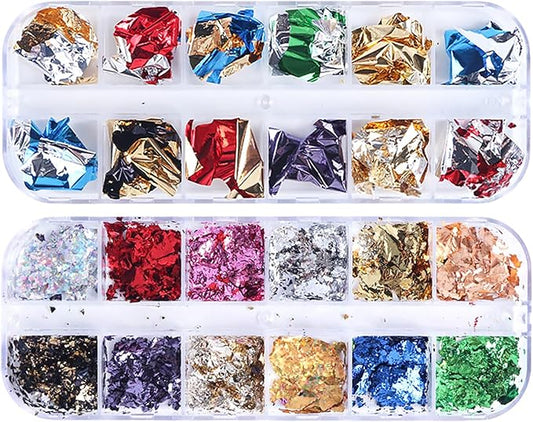 Holographic Nail Foil Flakes, 24 Colors Ultra Thin Metallic Glitter for DIY Nail Art, 3D Manicure Design Tips for Professional Salon and Home Use