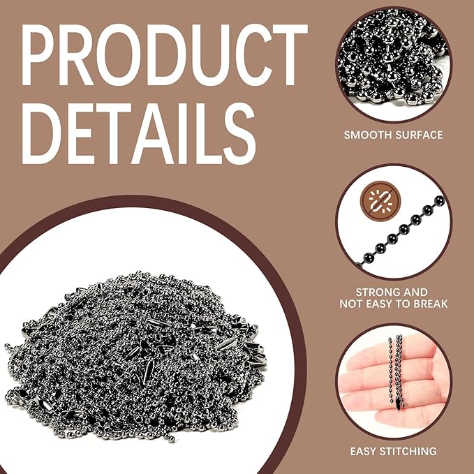 300 Pcs Black Ball Chain Bulk，Metal Bead Chain，Keychain Chains，Black Nickel Plated Metal 3.9" Long 2.4mm Ball Bead Chains，for Hanging Christmas Decoration
