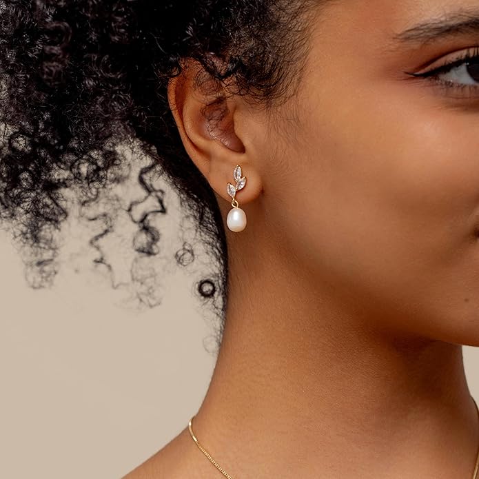 Pearl Earrings for Women - Dainty Gold Dangle Drop Earrings, 14k Gold Plated Cute Bow Design, Hypoallergenic Pearl Studs, Wedding Jewelry Gifts