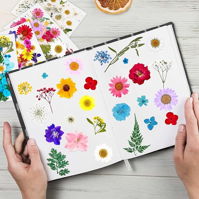 153 Pcs Dried Pressed Flowers for Crafts, Real Pressed Wildflowers Natural Dry Leaves Bulk with Tweezer for Epoxy Resin Jewelry Molds, Candle Soap Making, Scrapbook, Bookmark, Nails Decor