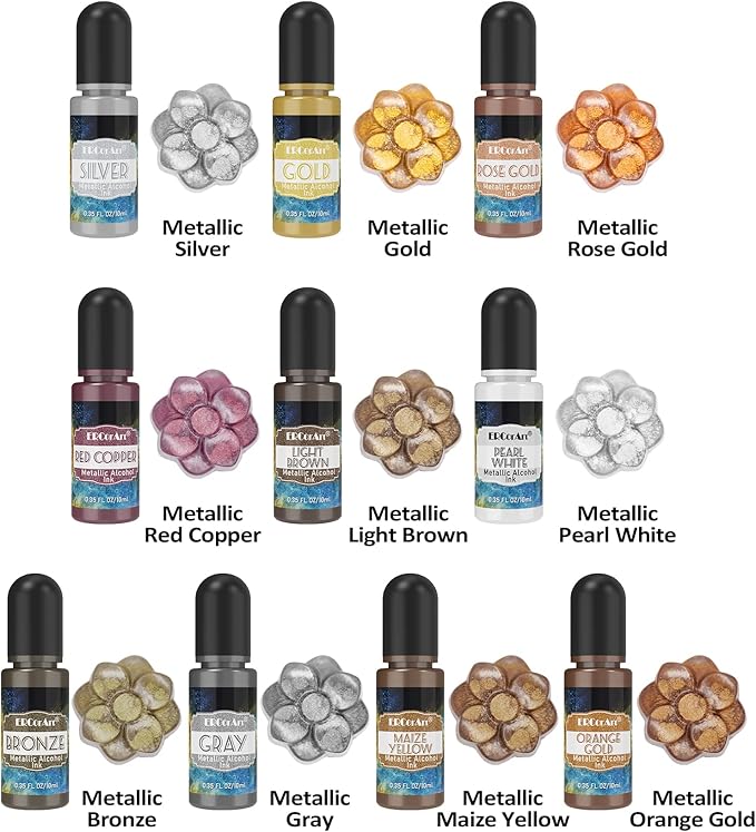 Alcohol Ink Set - 26 Bottles Vibrant Colors Alcohol Inks, High Concentrated Resin Ink, 10 Colors Metallic Alcohol Pigment Resin, Alcohol Based Ink for Epoxy Resin, Fluid Art Painting, Glass - 0.35oz