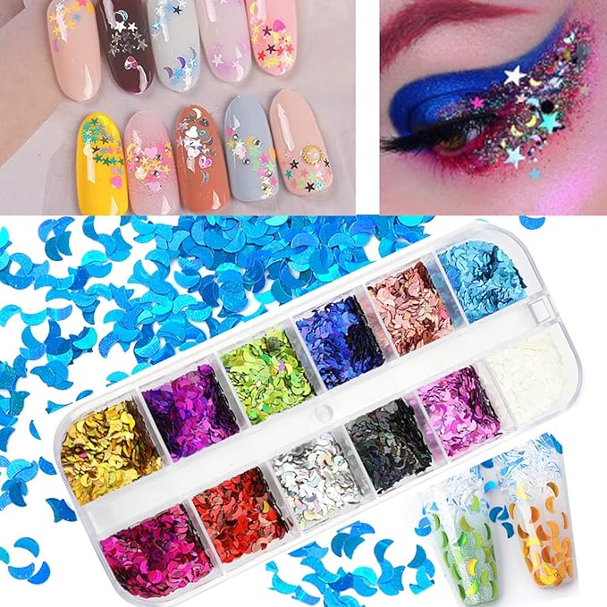 12 Colors Moon Nail Art Glitter Sequins, 3D Sparkly Crescent Nail Flakes Designs, Holographic 3D Laser Moon Nail Sequins Supplies for Women Girls Manicure Sparkly Decorations, DIY Shiny Nail Art