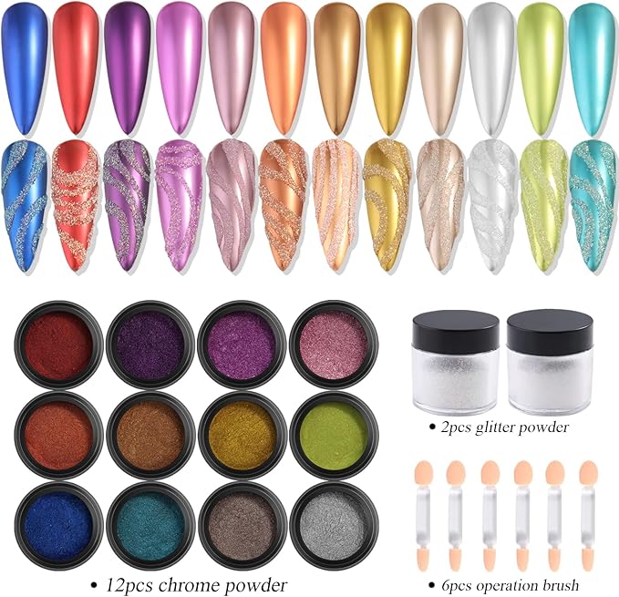 Fcozpjk Chrome Nail Powder Set 12 Colors Gold Silver Bronze Chrome Powder for Nails Metallic Nail Glitter Red Green Blue Mirror Rub Pigment with 2PCS Extra Fine White Sugar Powder Nail Design